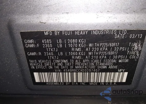 2013 Subaru Outback 2.5I Premium z USA, uszkodzony, nr VIN 4S4BRBCCXD3297407